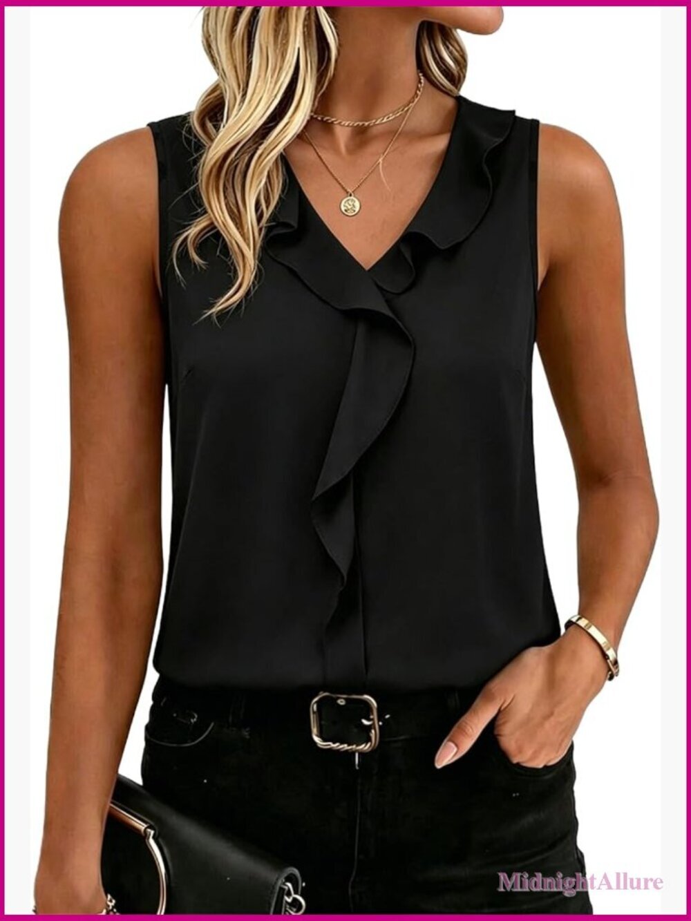 V Neck Ruffle Sleeveless Tank Top Blouse Business Casual Work Shirt